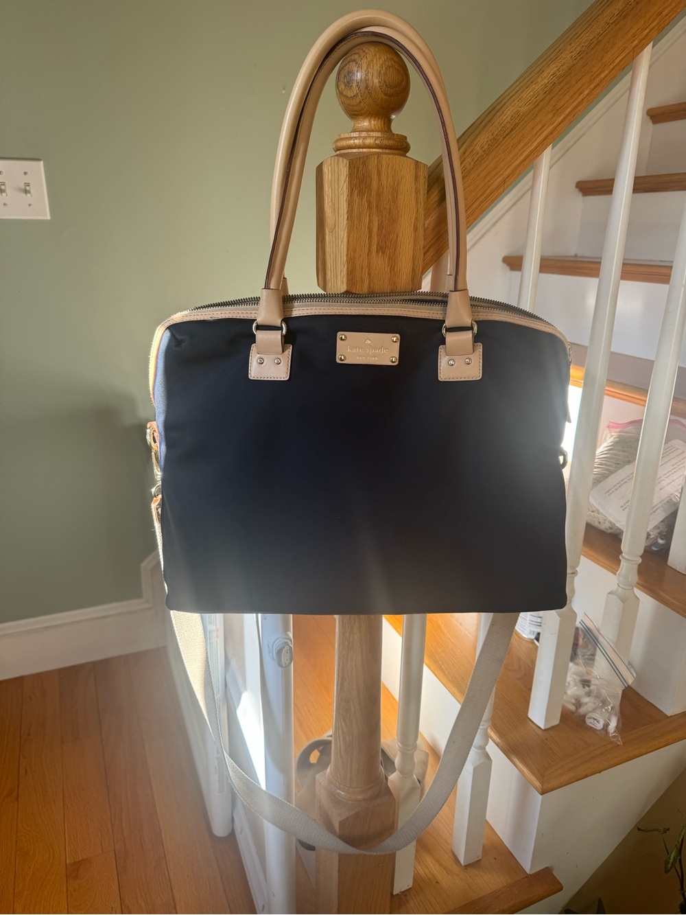 kate spade Navy Canvas Tote with Tan Leather Trim computer bag